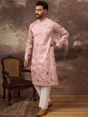 Ethnic Bay Men Peach Silk Blend Solid Embroidered Straight Kurta and Trouser-MKSET1339