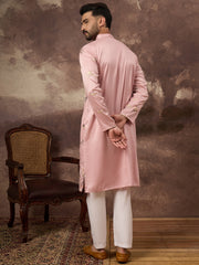 Ethnic Bay Men Peach Silk Blend Solid Embroidered Straight Kurta and Trouser-MKSET1339