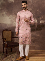 Ethnic Bay Men Peach Silk Blend Solid Embroidered Straight Kurta and Trouser-MKSET1339