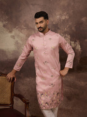 Ethnic Bay Men Peach Silk Blend Solid Embroidered Straight Kurta and Trouser-MKSET1339