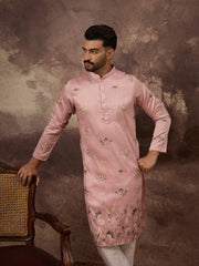 Ethnic Bay Men Peach Silk Blend Solid Embroidered Straight Kurta and Trouser-MKSET1339