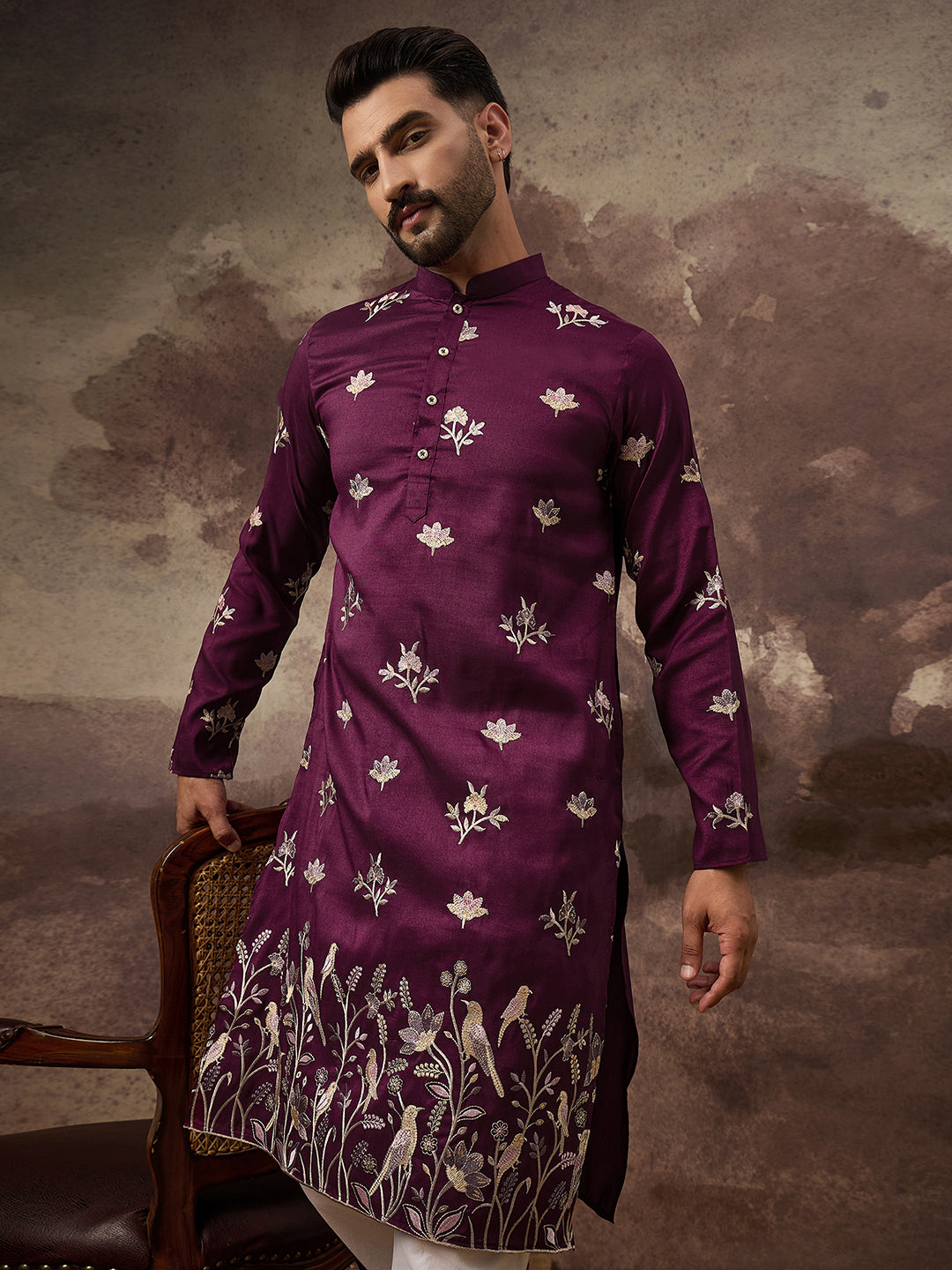 Ethnic Bay Men Purple Silk Blend Solid Embroidered Straight Kurta and Trouser-MKSET1340