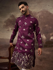 Ethnic Bay Men Purple Silk Blend Solid Embroidered Straight Kurta and Trouser-MKSET1340
