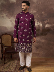 Ethnic Bay Men Purple Silk Blend Solid Embroidered Straight Kurta and Trouser-MKSET1340