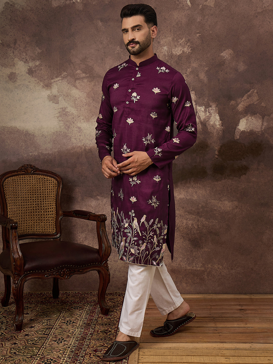 Ethnic Bay Men Purple Silk Blend Solid Embroidered Straight Kurta and Trouser-MKSET1340