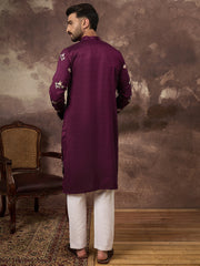 Ethnic Bay Men Purple Silk Blend Solid Embroidered Straight Kurta and Trouser-MKSET1340