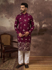 Ethnic Bay Men Purple Silk Blend Solid Embroidered Straight Kurta and Trouser-MKSET1340