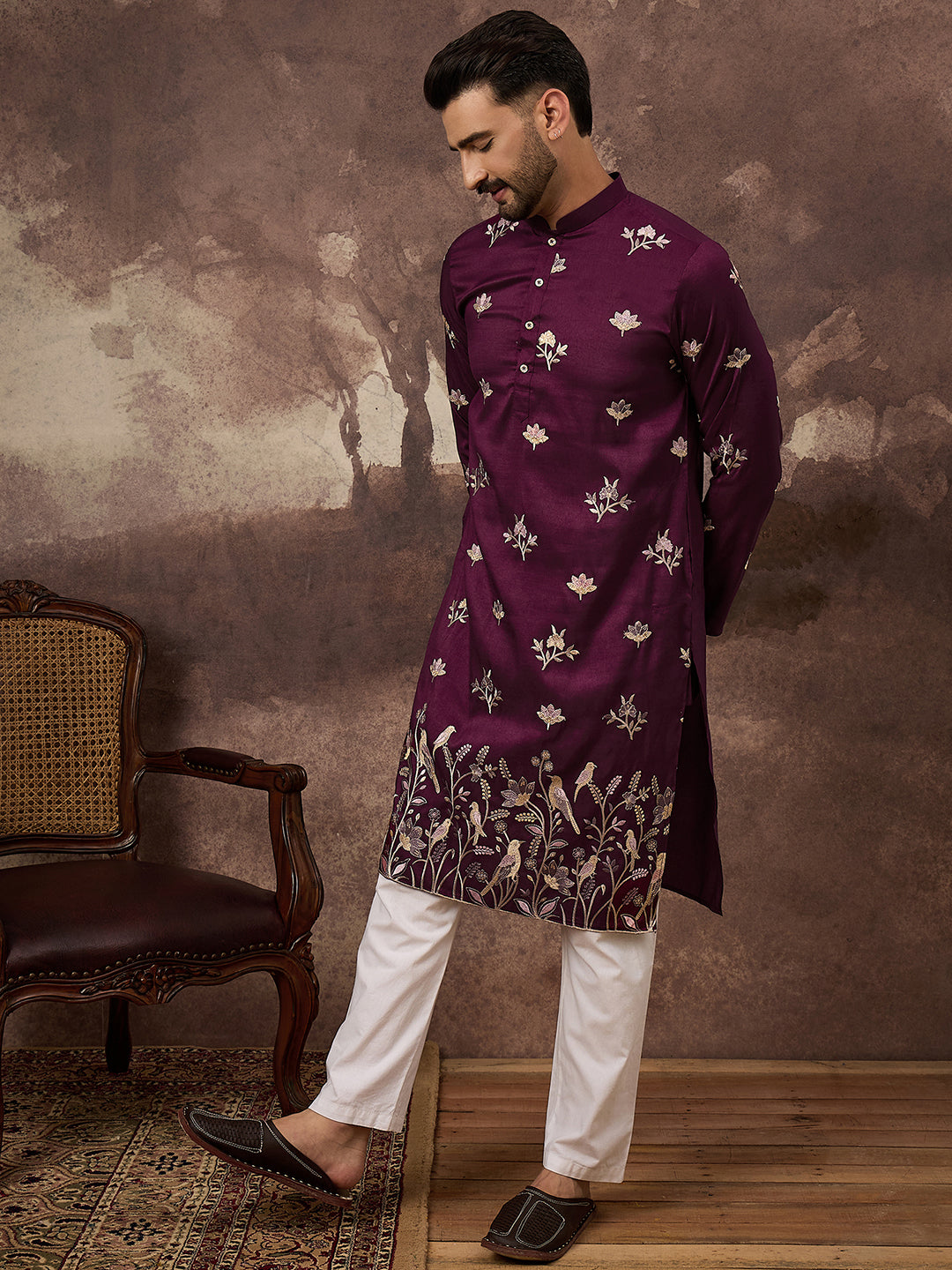 Ethnic Bay Men Purple Silk Blend Solid Embroidered Straight Kurta and Trouser-MKSET1340