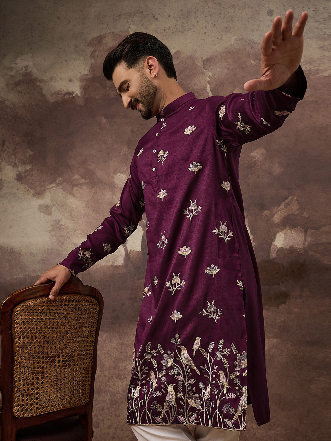 Ethnic Bay Men Purple Silk Blend Solid Embroidered Straight Kurta and Trouser-MKSET1340