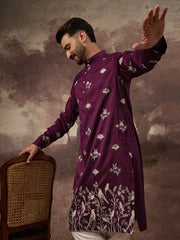 Ethnic Bay Men Purple Silk Blend Solid Embroidered Straight Kurta and Trouser-MKSET1340