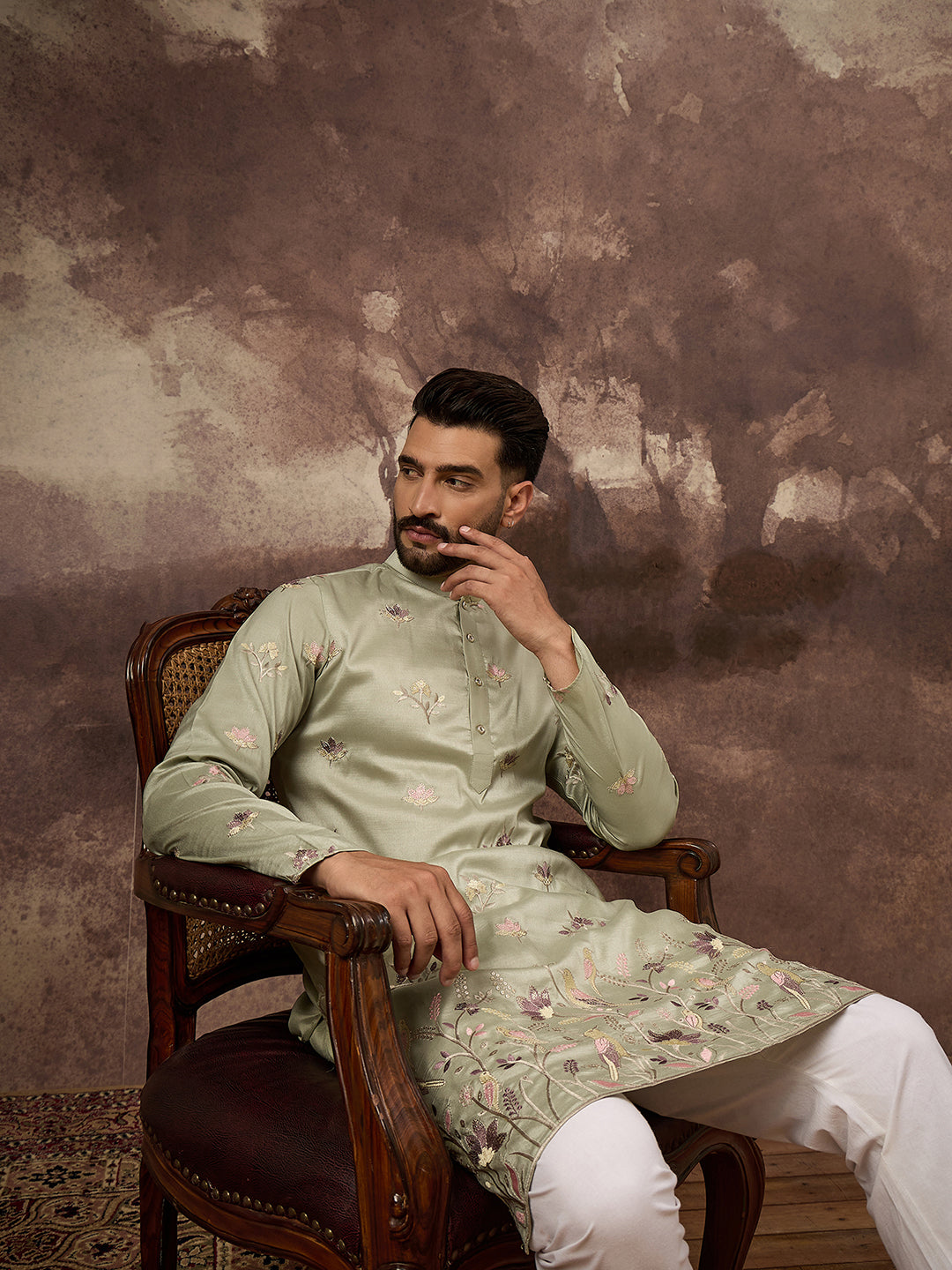 Ethnic Bay Men Green Silk Blend Solid Embroidered Straight Kurta and Trouser-MKSET1341