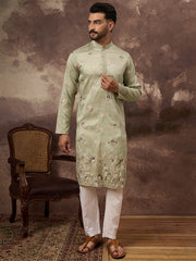 Ethnic Bay Men Green Silk Blend Solid Embroidered Straight Kurta and Trouser-MKSET1341
