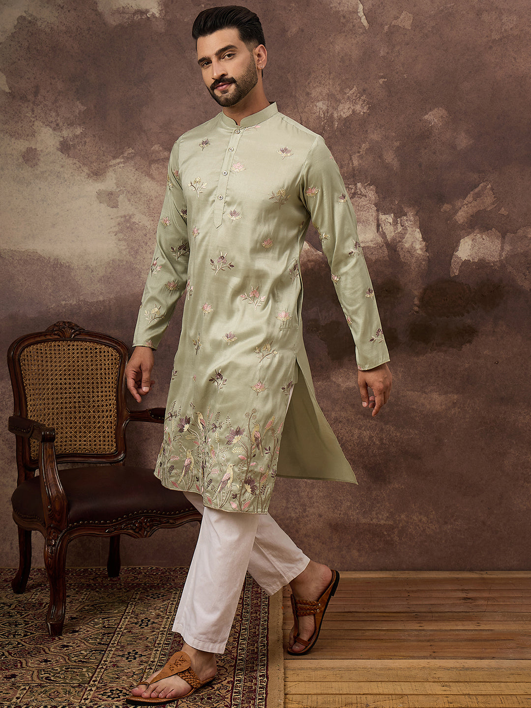 Ethnic Bay Men Green Silk Blend Solid Embroidered Straight Kurta and Trouser-MKSET1341