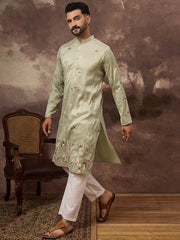 Ethnic Bay Men Green Silk Blend Solid Embroidered Straight Kurta and Trouser-MKSET1341