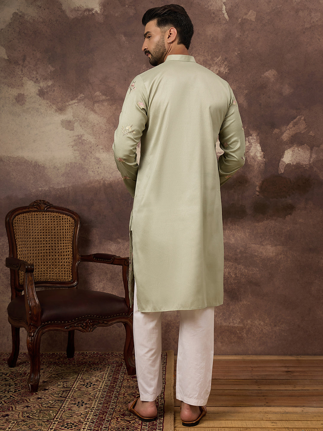 Ethnic Bay Men Green Silk Blend Solid Embroidered Straight Kurta and Trouser-MKSET1341
