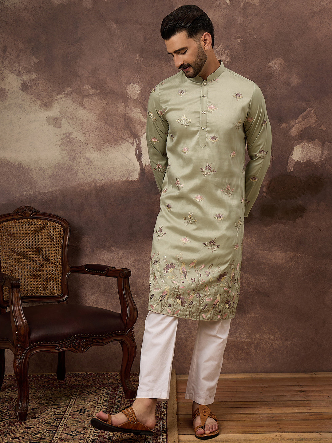 Ethnic Bay Men Green Silk Blend Solid Embroidered Straight Kurta and Trouser-MKSET1341