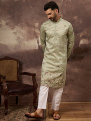 Ethnic Bay Men Green Silk Blend Solid Embroidered Straight Kurta and Trouser-MKSET1341