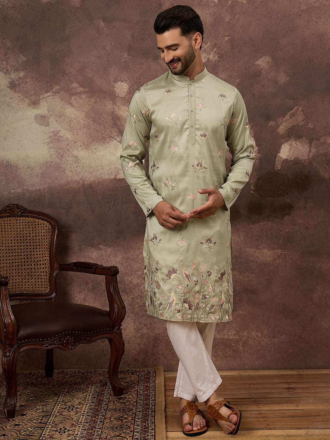 Ethnic Bay Men Green Silk Blend Solid Embroidered Straight Kurta and Trouser-MKSET1341