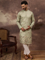 Ethnic Bay Men Green Silk Blend Solid Embroidered Straight Kurta and Trouser-MKSET1341