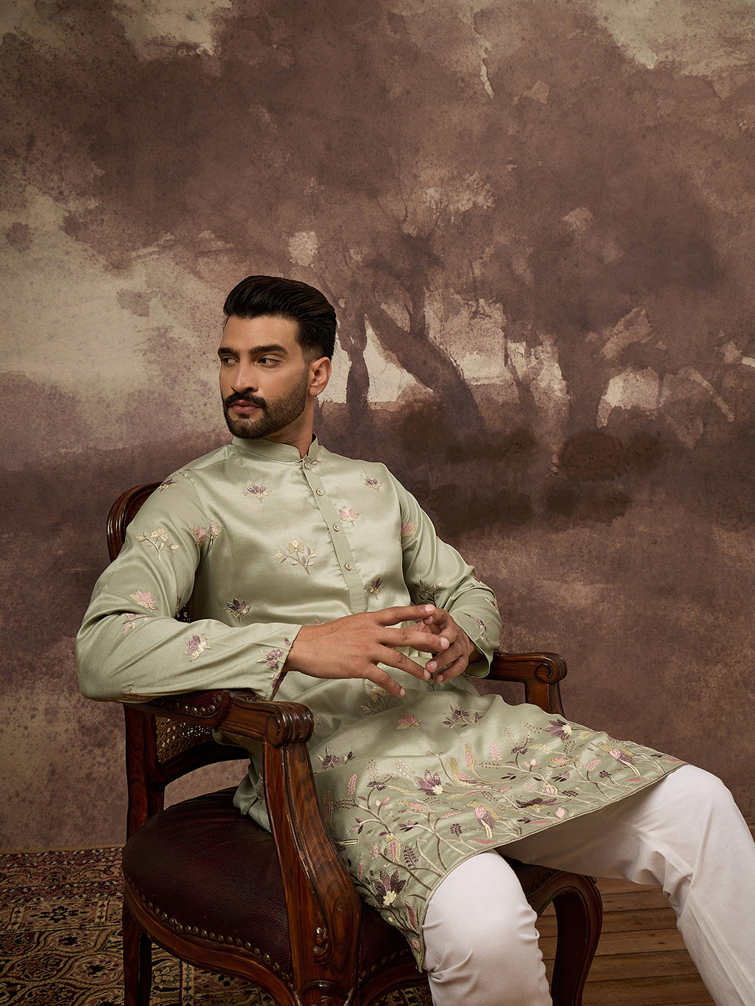 Ethnic Bay Men Green Silk Blend Solid Embroidered Straight Kurta and Trouser-MKSET1341