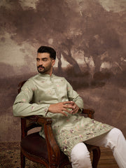 Ethnic Bay Men Green Silk Blend Solid Embroidered Straight Kurta and Trouser-MKSET1341