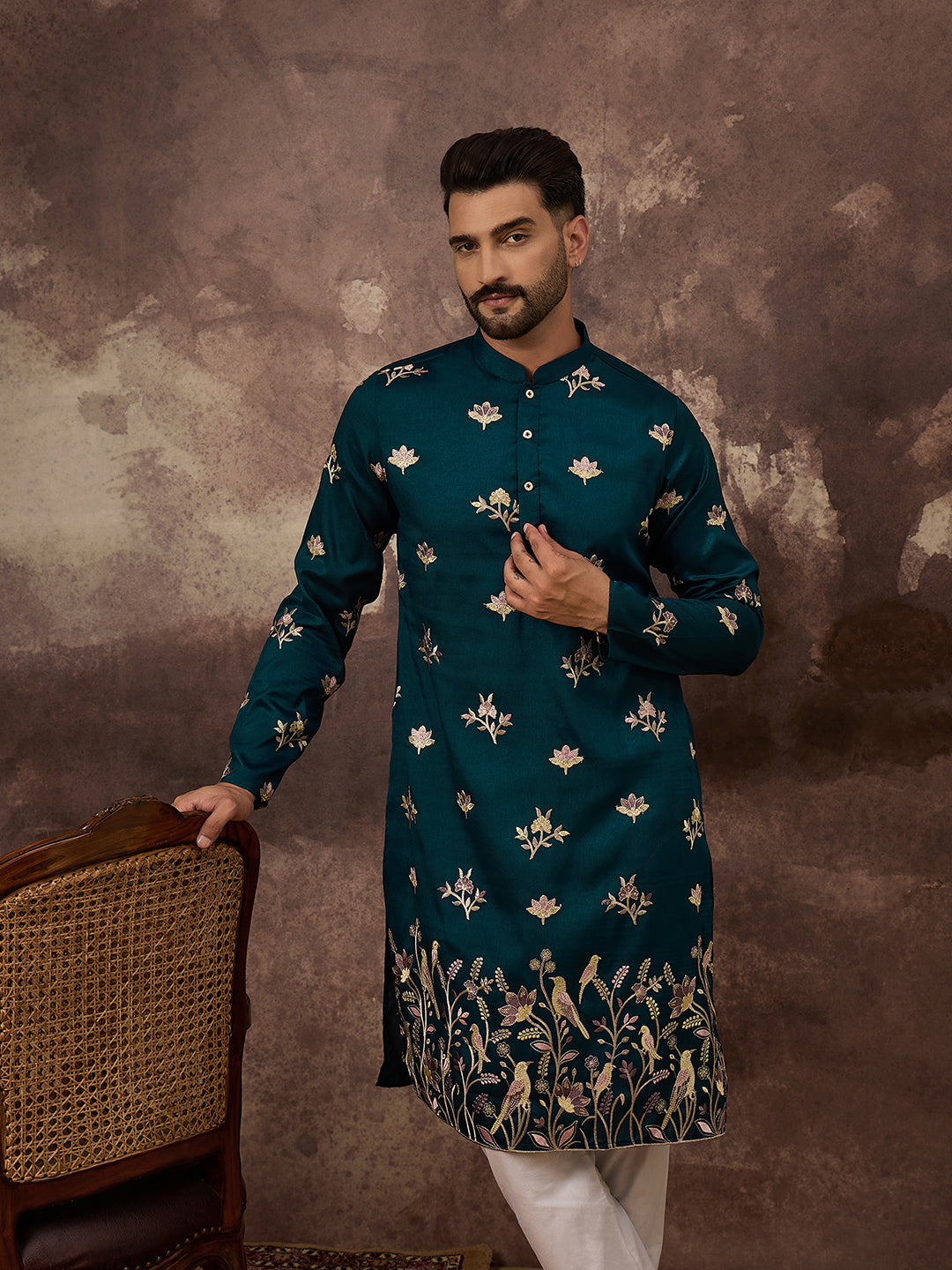 Ethnic Bay Men Blue Silk Blend Solid Embroidered Straight Kurta and Trouser-MKSET1342