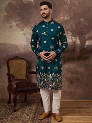 Ethnic Bay Men Blue Silk Blend Solid Embroidered Straight Kurta and Trouser-MKSET1342
