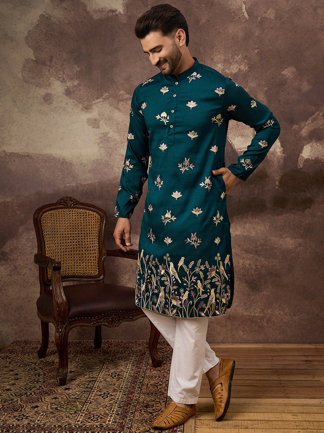 Ethnic Bay Men Blue Silk Blend Solid Embroidered Straight Kurta and Trouser-MKSET1342
