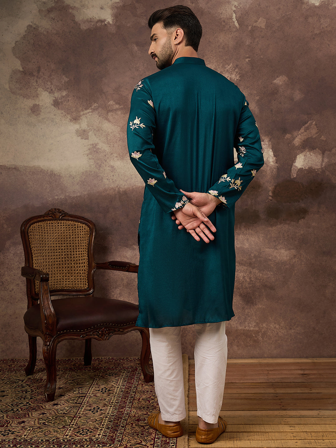 Ethnic Bay Men Blue Silk Blend Solid Embroidered Straight Kurta and Trouser-MKSET1342
