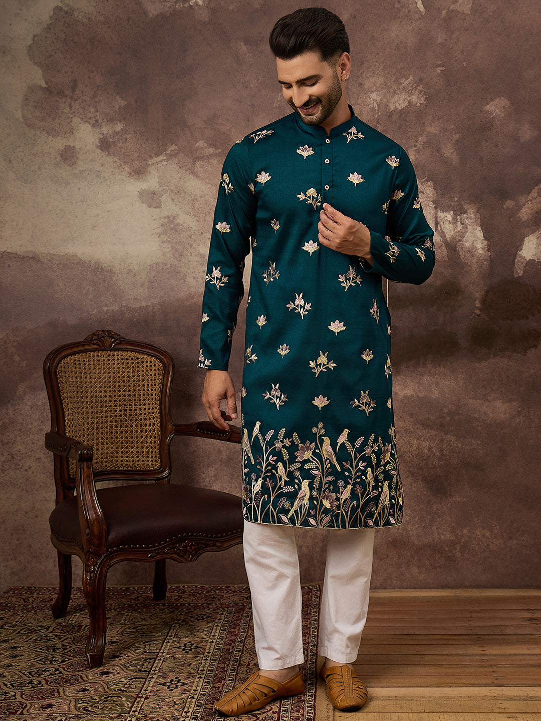 Ethnic Bay Men Blue Silk Blend Solid Embroidered Straight Kurta and Trouser-MKSET1342
