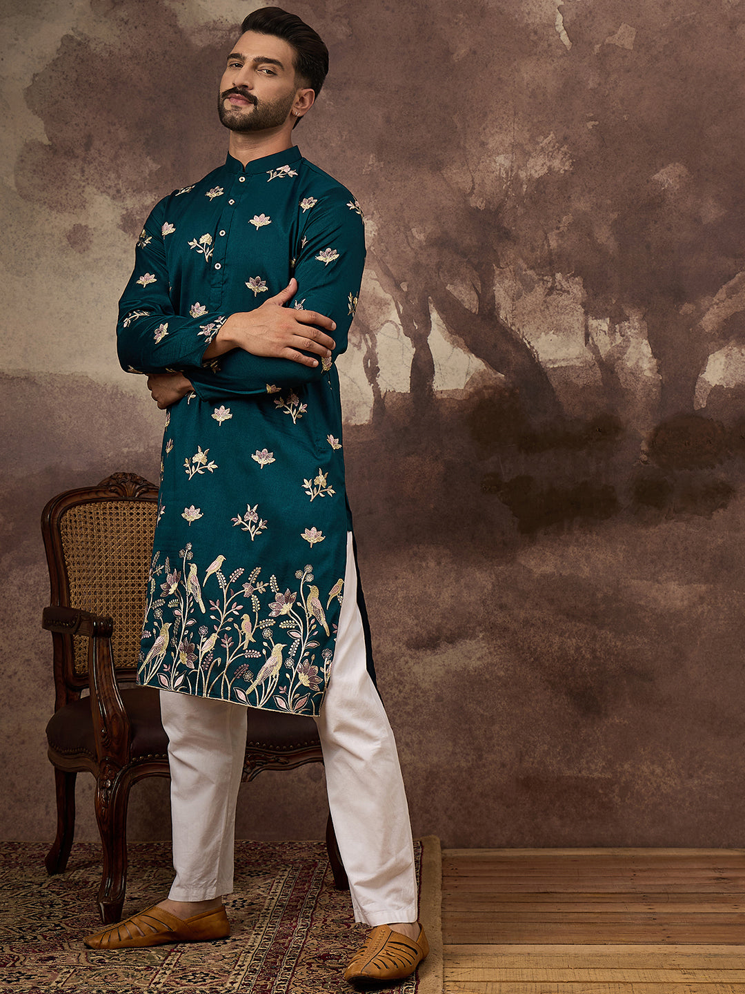 Ethnic Bay Men Blue Silk Blend Solid Embroidered Straight Kurta and Trouser-MKSET1342