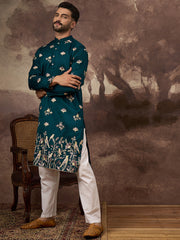Ethnic Bay Men Blue Silk Blend Solid Embroidered Straight Kurta and Trouser-MKSET1342