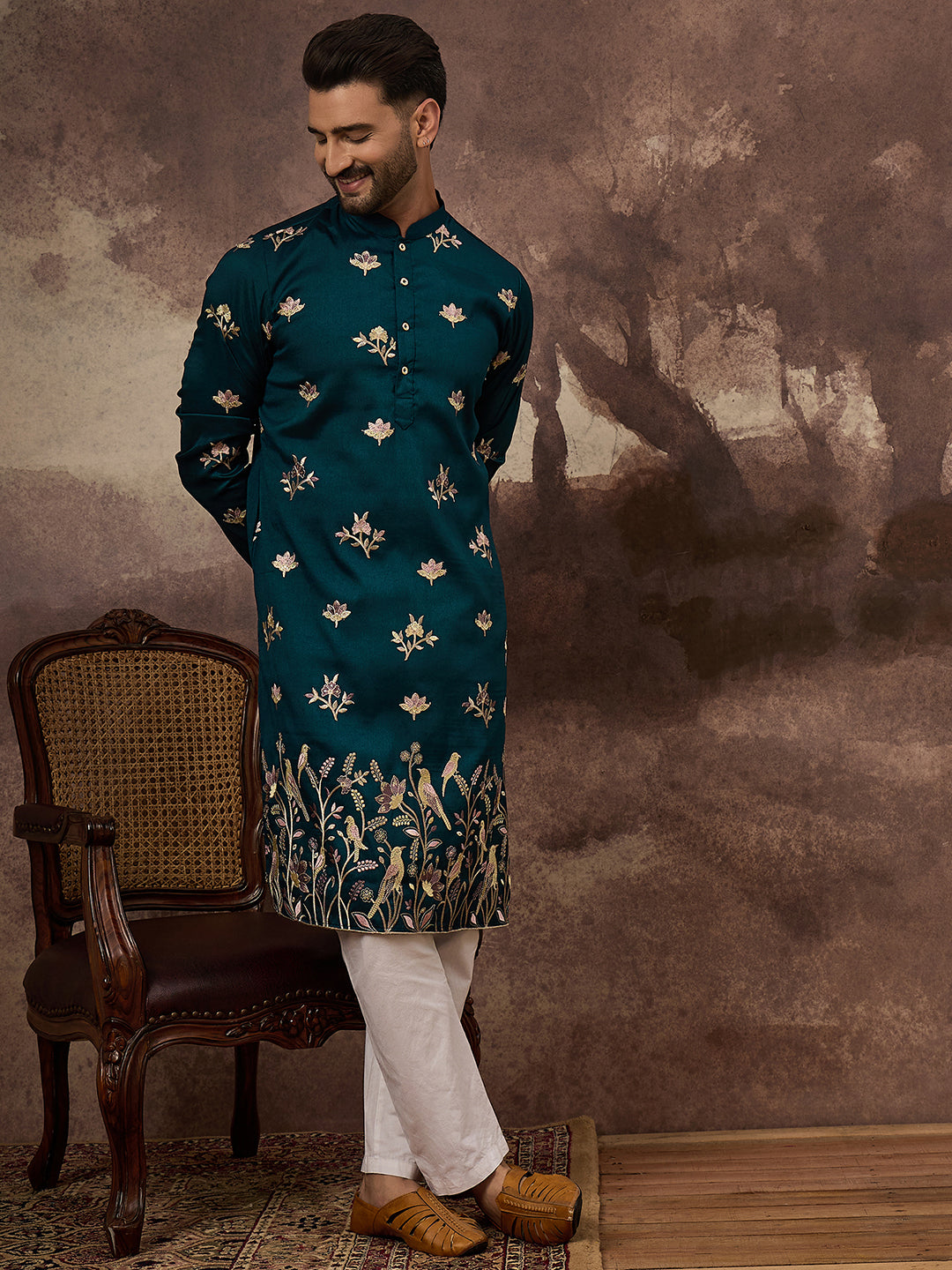 Ethnic Bay Men Blue Silk Blend Solid Embroidered Straight Kurta and Trouser-MKSET1342