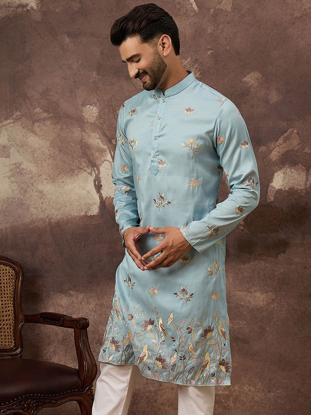 Ethnic Bay Men Blue Silk Blend Solid Embroidered Straight Kurta and Trouser-MKSET1343