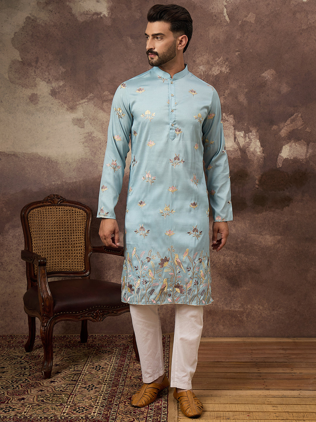 Ethnic Bay Men Blue Silk Blend Solid Embroidered Straight Kurta and Trouser-MKSET1343