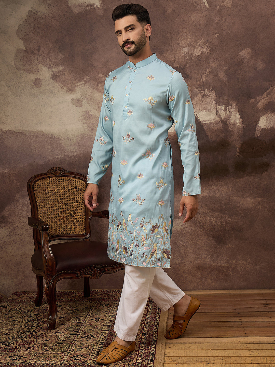 Ethnic Bay Men Blue Silk Blend Solid Embroidered Straight Kurta and Trouser-MKSET1343