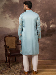 Ethnic Bay Men Blue Silk Blend Solid Embroidered Straight Kurta and Trouser-MKSET1343