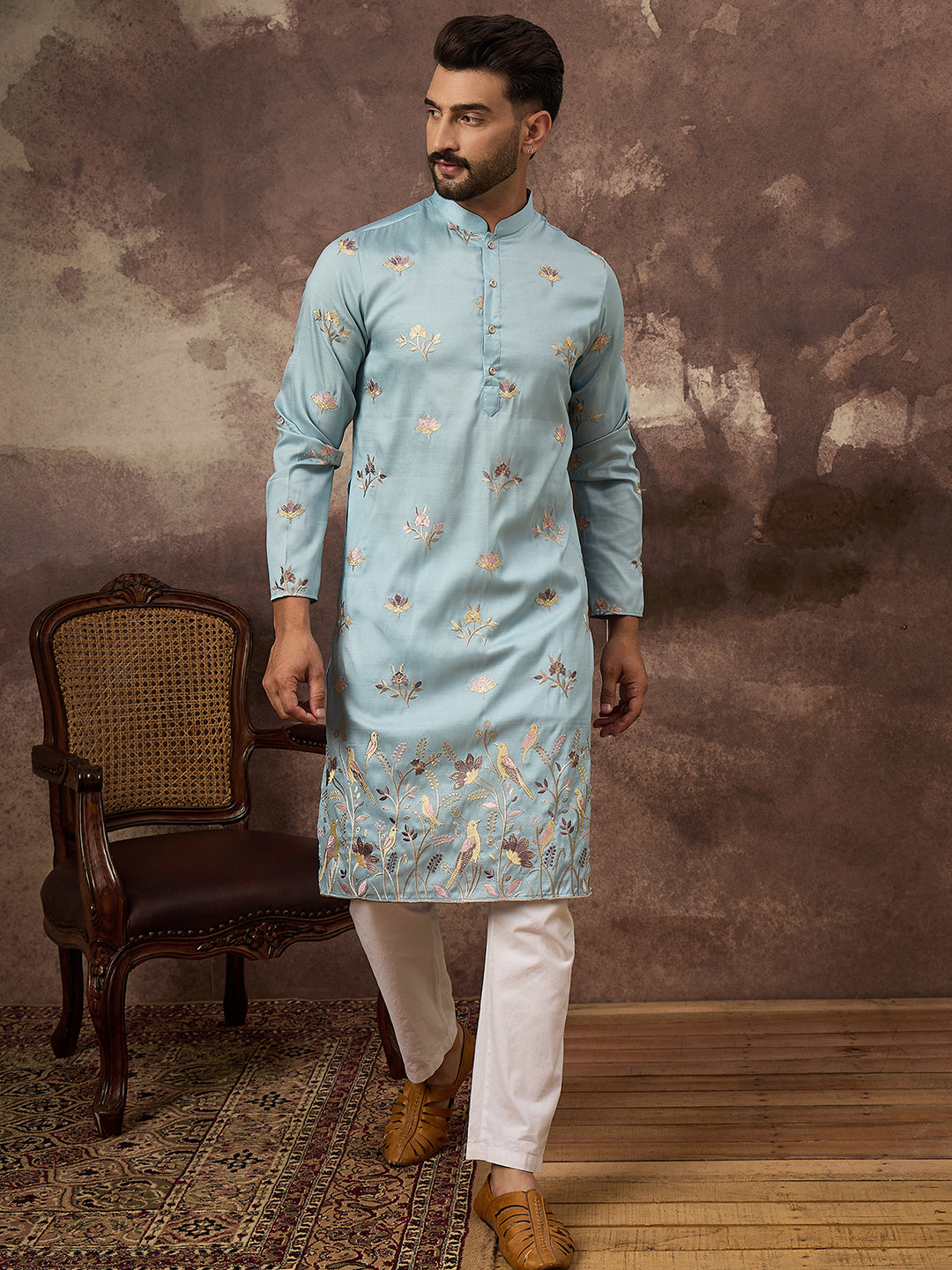 Ethnic Bay Men Blue Silk Blend Solid Embroidered Straight Kurta and Trouser-MKSET1343
