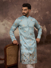 Ethnic Bay Men Blue Silk Blend Solid Embroidered Straight Kurta and Trouser-MKSET1343