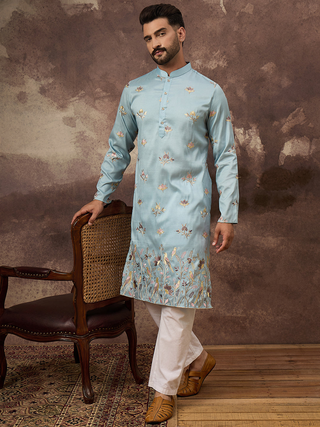 Ethnic Bay Men Blue Silk Blend Solid Embroidered Straight Kurta and Trouser-MKSET1343