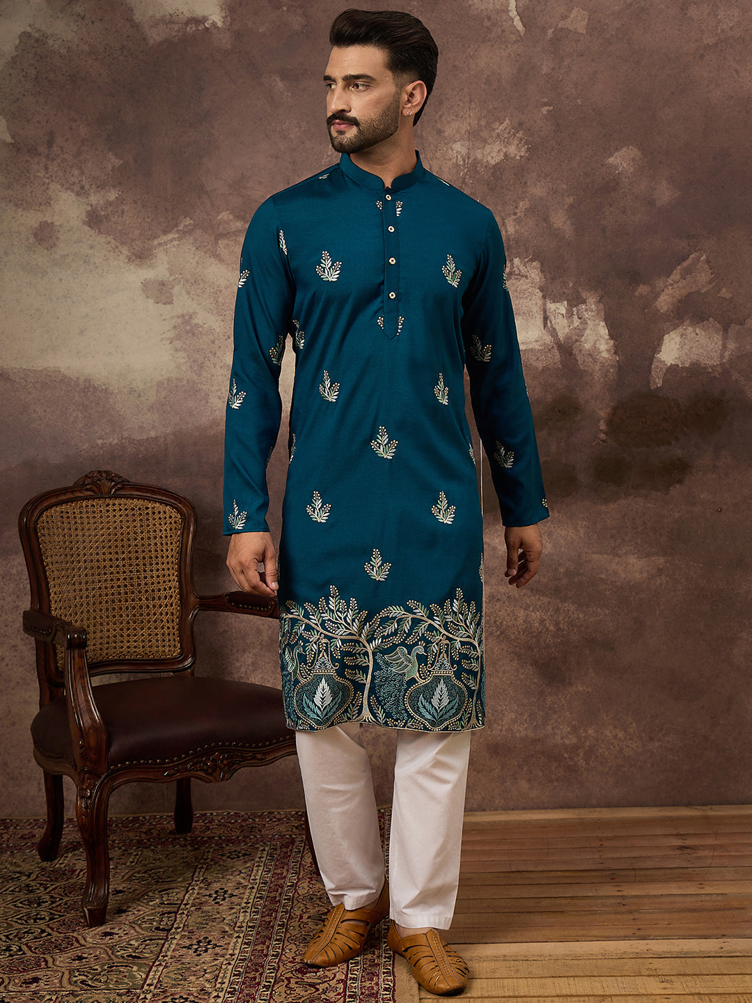 Ethnic Bay Men Blue Silk Blend Solid Embroidered Straight Kurta with Trouser-MKSET1344