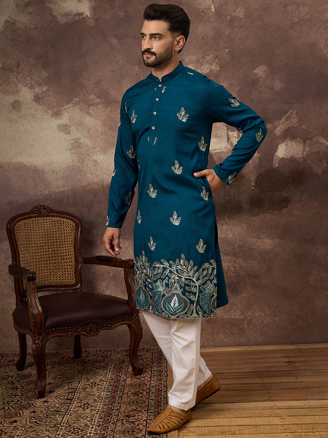 Ethnic Bay Men Blue Silk Blend Solid Embroidered Straight Kurta with Trouser-MKSET1344
