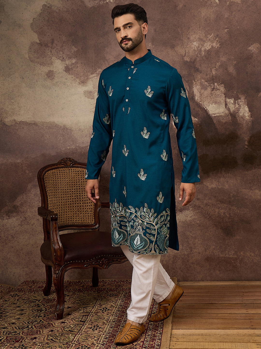 Ethnic Bay Men Blue Silk Blend Solid Embroidered Straight Kurta with Trouser-MKSET1344
