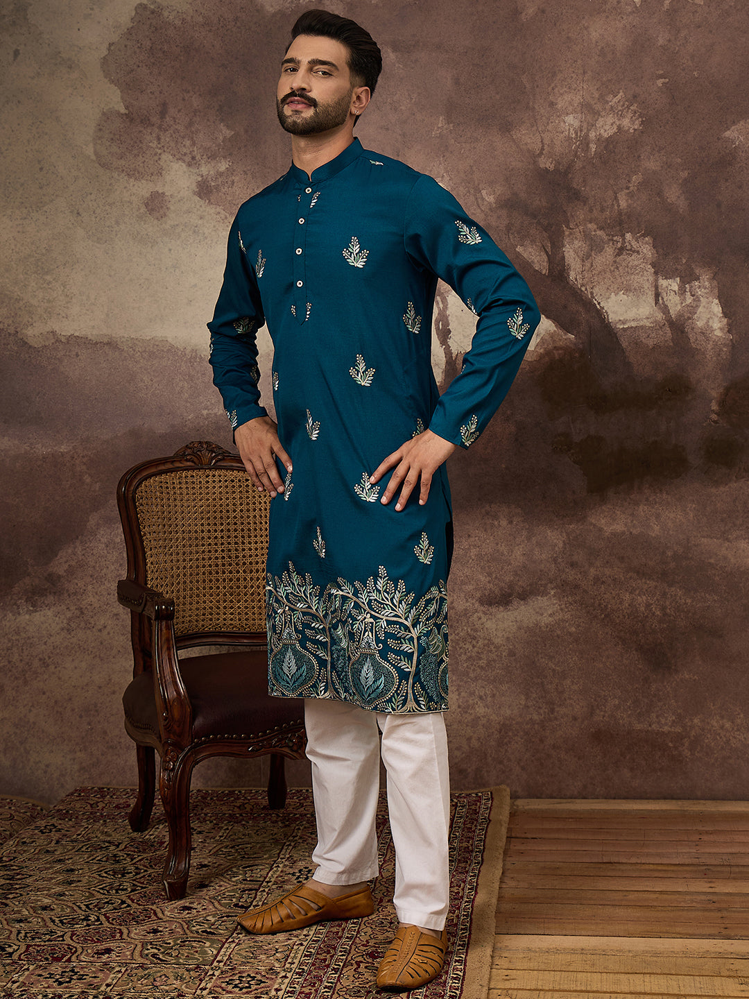 Ethnic Bay Men Blue Silk Blend Solid Embroidered Straight Kurta with Trouser-MKSET1344