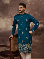 Ethnic Bay Men Blue Silk Blend Solid Embroidered Straight Kurta with Trouser-MKSET1344