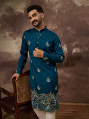 Ethnic Bay Men Blue Silk Blend Solid Embroidered Straight Kurta with Trouser-MKSET1344