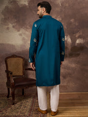 Ethnic Bay Men Blue Silk Blend Solid Embroidered Straight Kurta with Trouser-MKSET1344