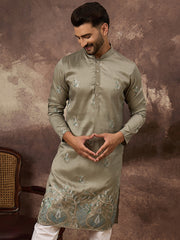 Ethnic Bay Men Green Silk Blend Solid Embroidered Straight Kurta with Trouser-MKSET1345
