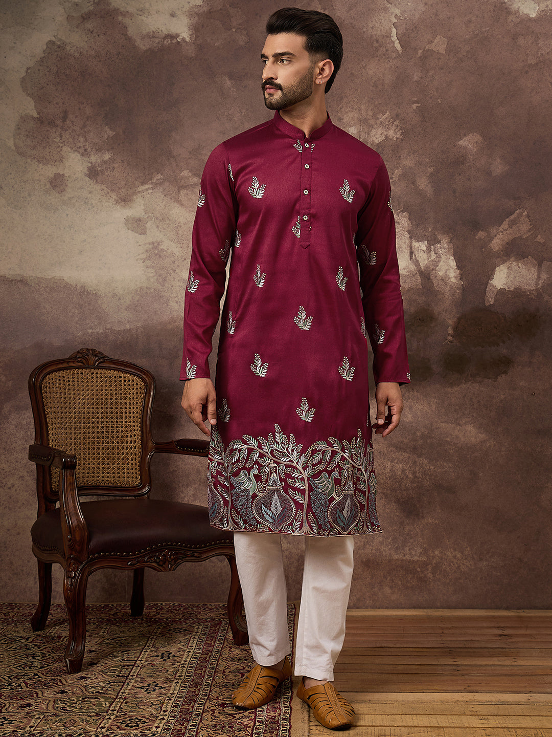 Ethnic Bay Men Maroon Silk Blend Solid Embroidered Straight Kurta with Trouser-MKSET1346