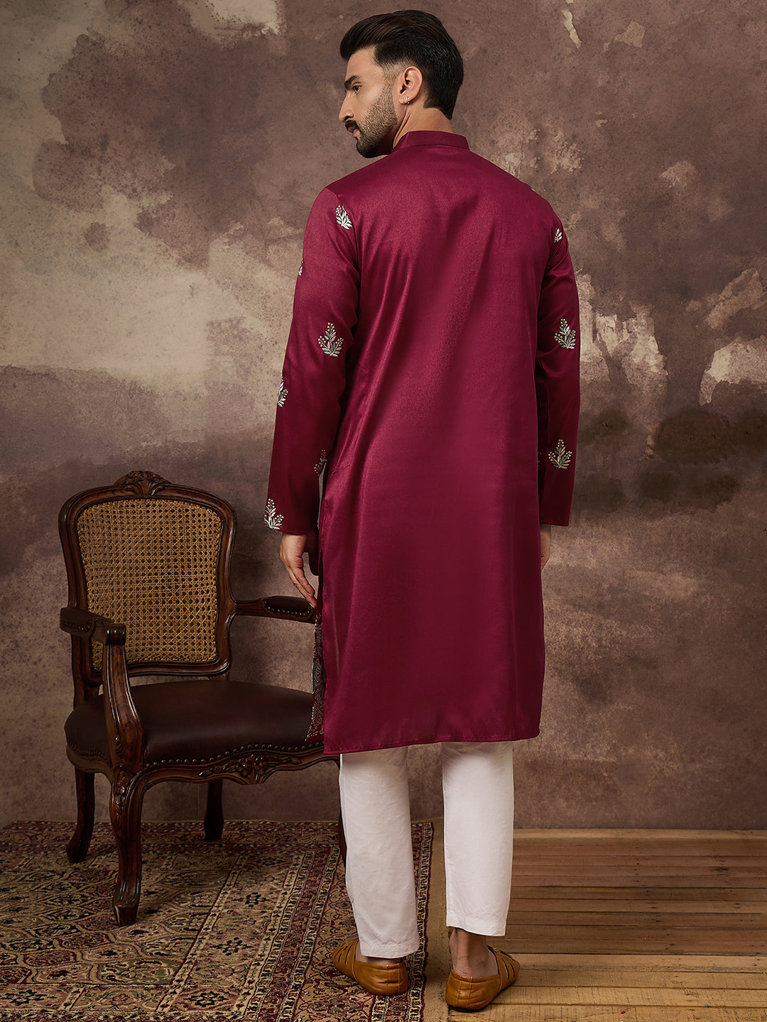 Ethnic Bay Men Maroon Silk Blend Solid Embroidered Straight Kurta with Trouser-MKSET1346